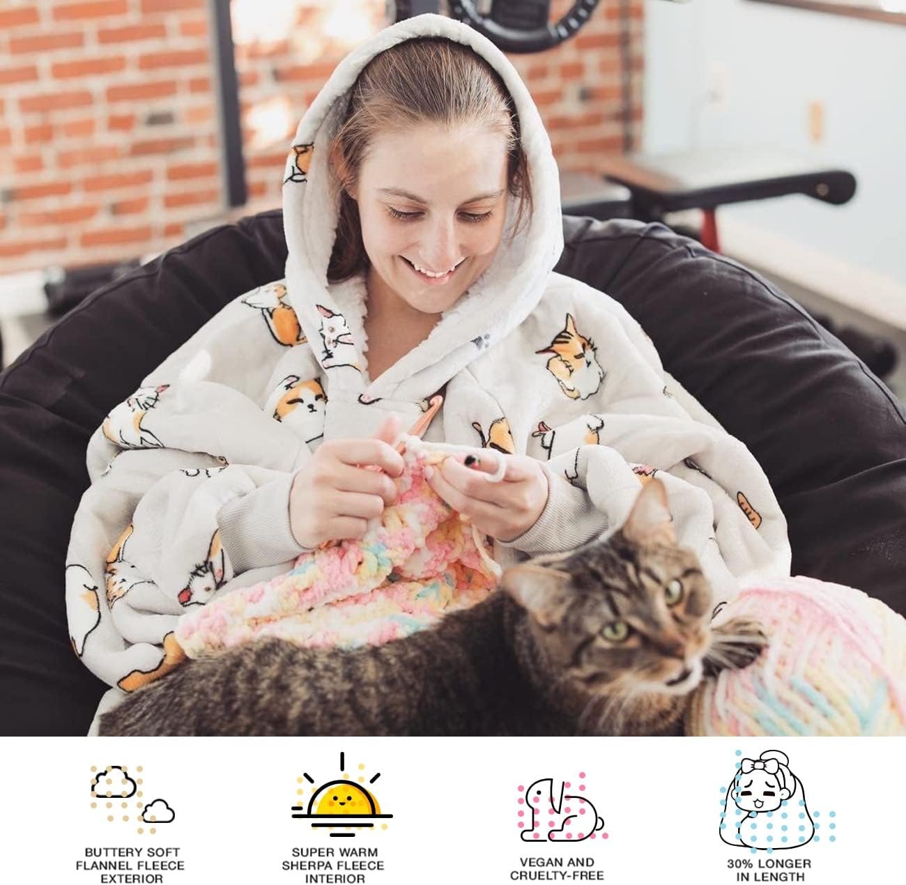 KFUBUO Wearable Blanket Hoodie for Adults Sherpa All Patterns Cat Oversized Sweatshirt Blanket with Pockets for Women - Image 3