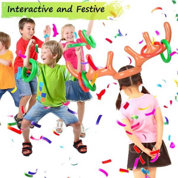 2 Set Inflatable Reindeer Ring Toss Game With Antlers and 12 Rings, Family Christmas Party Games - Image 6