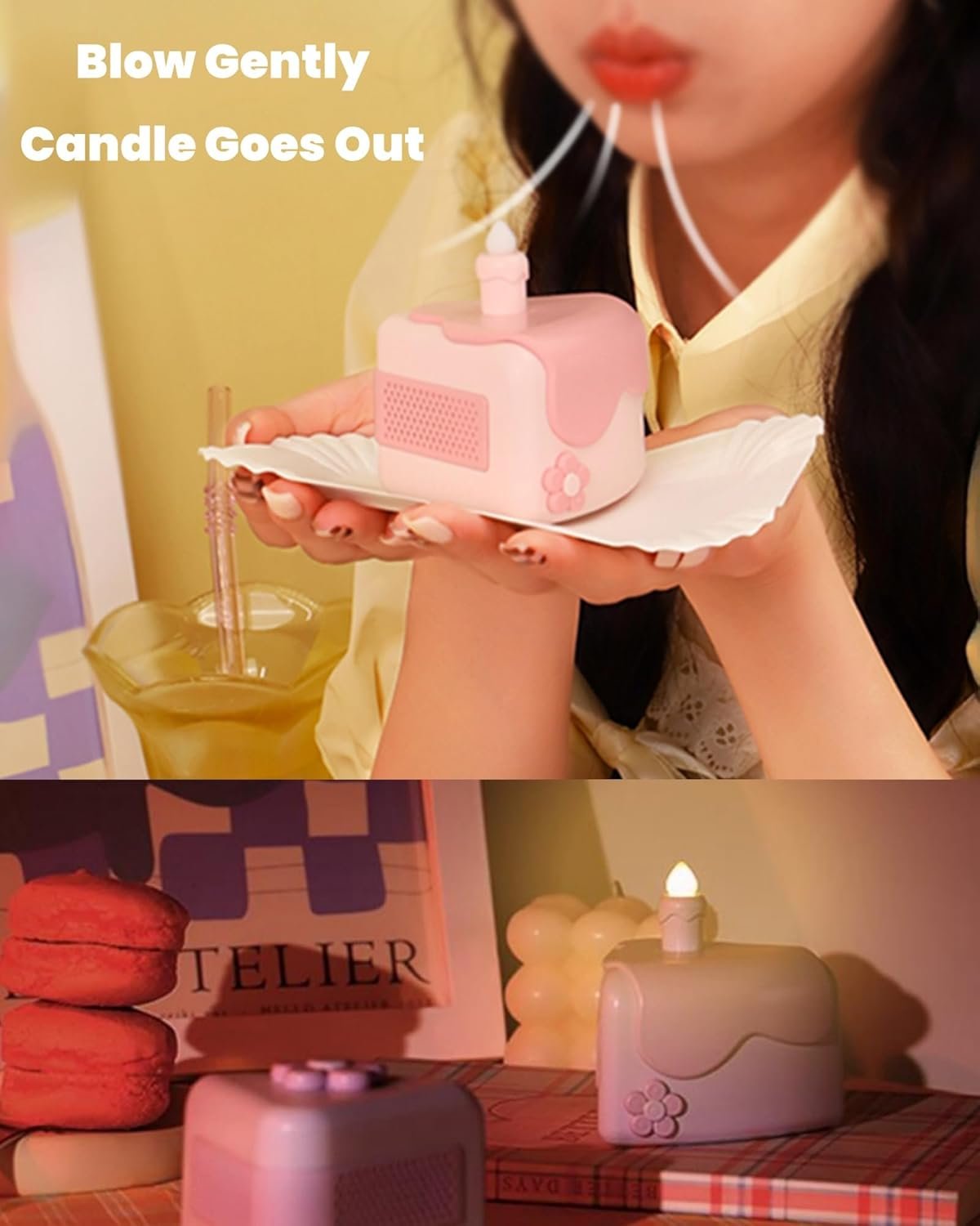 Cute Bluetooth Speaker,Portable Wireless Speaker with Loud Stereo Sound,Blow-Out Candle Lights,60s Recording Function,6H Play Supports TWS Pairing for Birthday Gifts,Room Decor(2Pcs/Pink) - Image 4