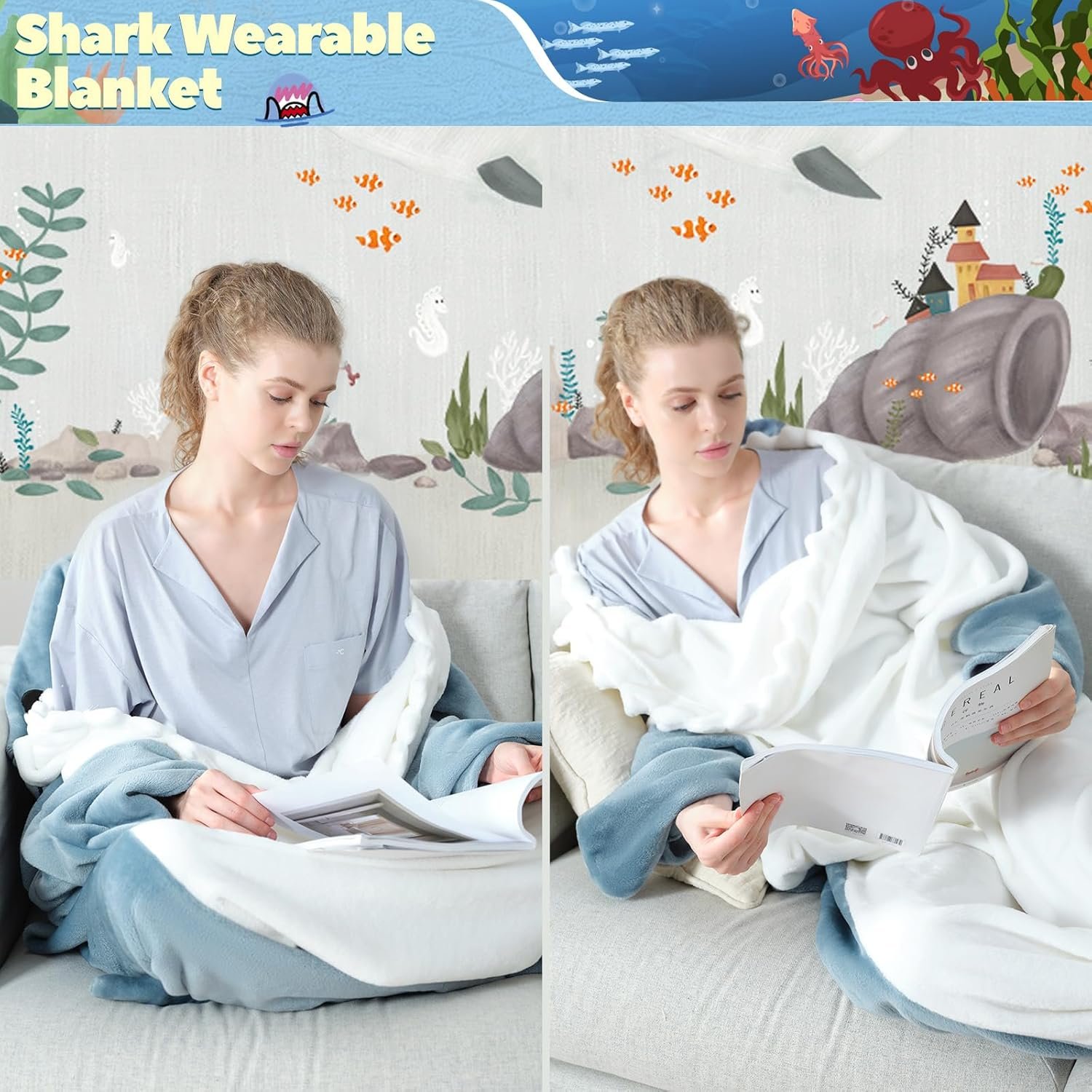 Touchat Shark Blanket for Adult Super Soft Cozy Flannel Throw Wearable Blanket, Cartoon Animals Shark Blanket Hoodie, Sleeping Bag Cosplay Shark Costume Blanket Gifts for Shark Lovers (Blue,M) - Image 5