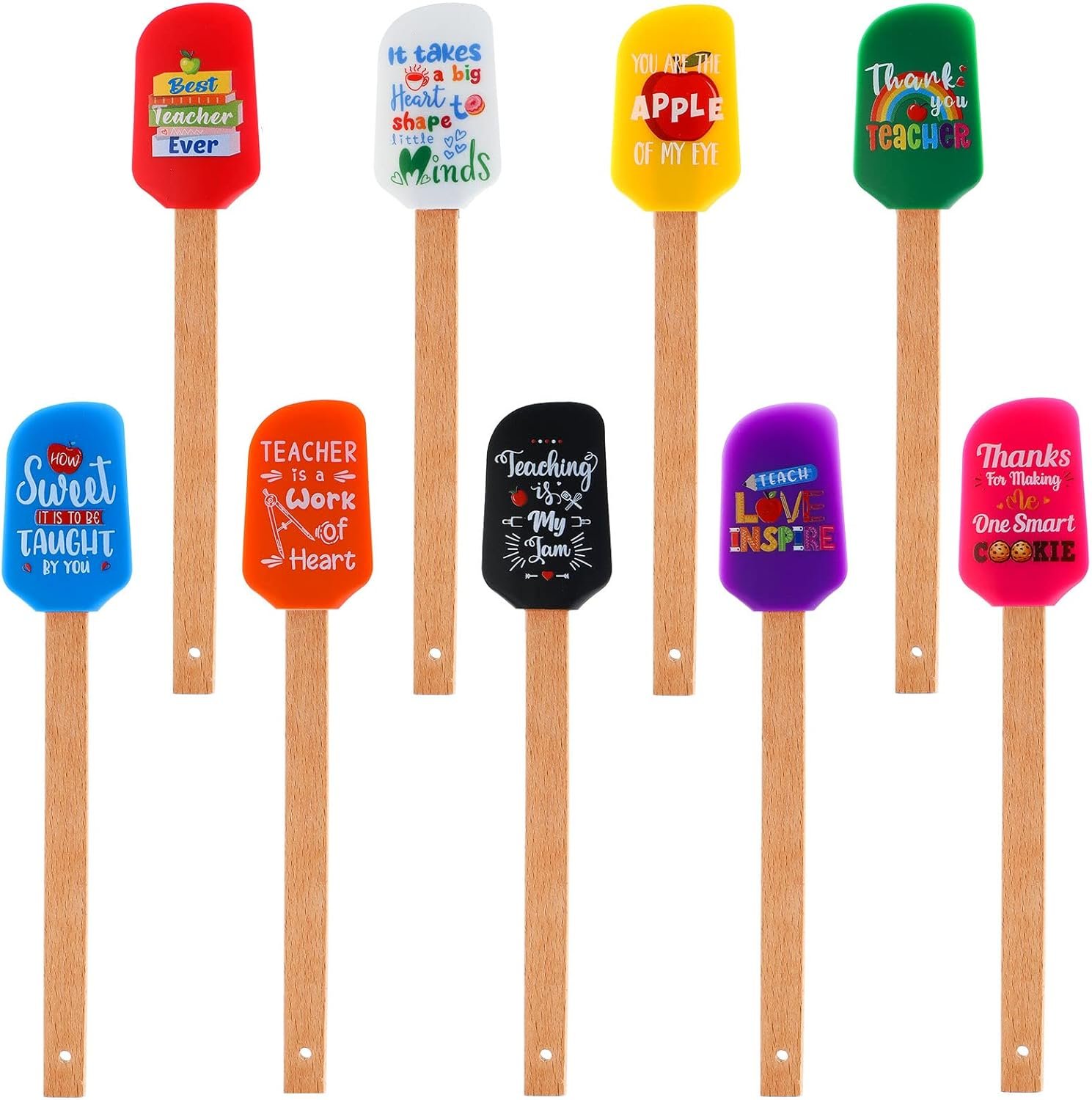 Nuogo 9 Pcs Teacher Appreciation Spatula Thank You Teacher Gifts Funny Silicone Spatulas Bulk Kitchen Spatulas Wooden Handle Spatula for Cooking Baking Thanksgiving Christmas End of Year Gift - Image 2