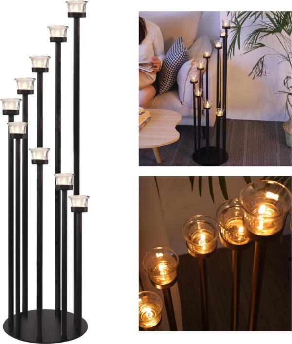 LAMORGIFT 39" Tall Floor Candle Holders Set- Black 9 Arms Candelabras with 9 Pcs Tea Lights Candle Holders for Wedding, Christmas, Halloween, Fireplace, Mantel Decor, Suits Pillar Candles/Tea Lights - Image 2