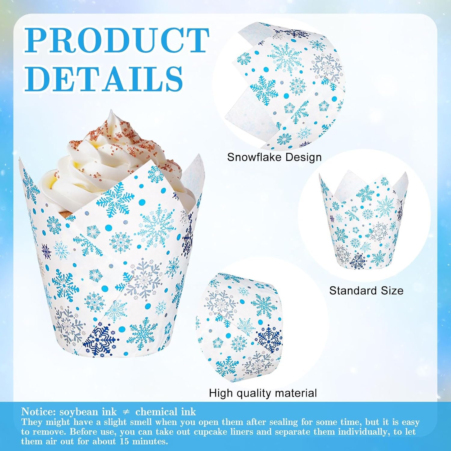 Whaline 180Pcs Winter Snowflake Tulip Cupcake Liners Christmas Snowflake Snowman Muffin Tulip Baking Cups Xmas Blue White Tulip Cupcake Wrappers for Holiday Party Supplies - Image 4