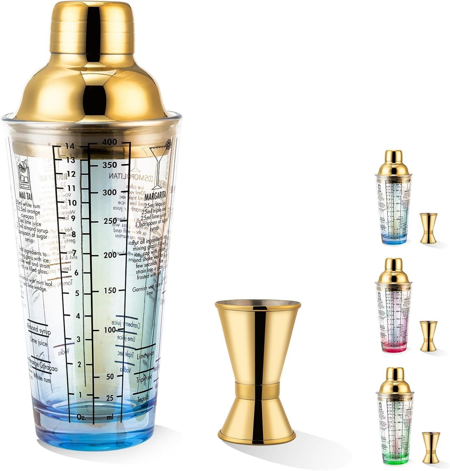 Glass Cocktail Shaker Set,14oz Martini Mixer Shaker with Built-in Strainer, Measuring Jigger,Drink Shaker Margarita Alcohol Mixer,Perfect for Bartender and Home Use (Blue) - Image 2
