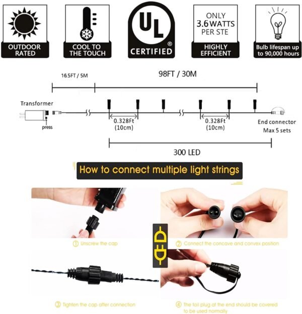 kemooie 300 LED Christmas Lights, 99FT Connective Green Wire Fairy Lights, Plug in 8 Lighting Modes, for Outdoor Christmas Tree Lights Wedding Party Decoration (Multicolor) - Image 3