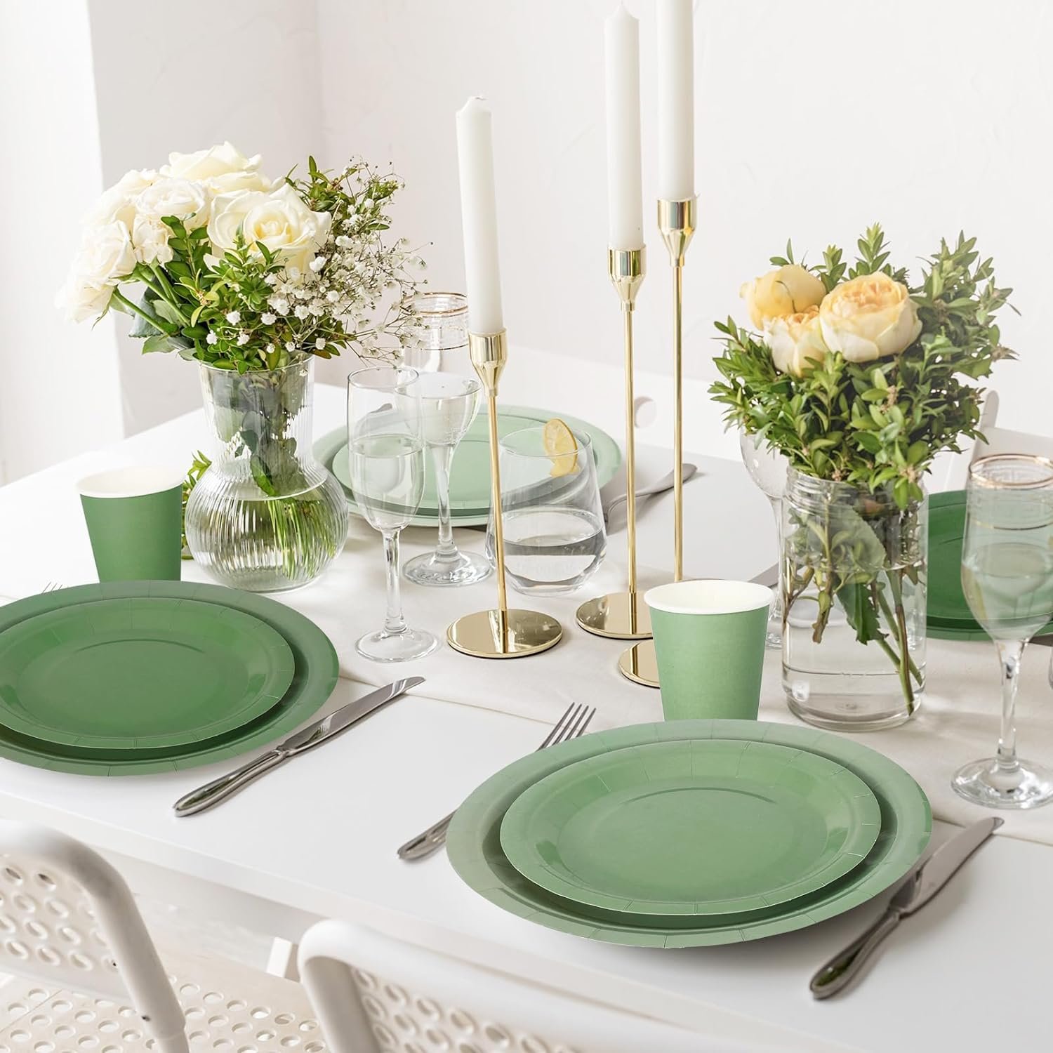 Whaline 244Pcs Sage Green Tableware Set Serves 48 Gradient Green Disposable Dinnerware 48 9" Plates 48 7" Plate 48 9oz Cups 100 Napkins for Wedding Birthday Party Supplies - Image 7