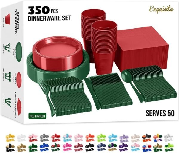 364 Pcs Christmas Disposable Plates For Party, Christmas Plastic Plates Set Includes: 52 Of Each 9" Plastic Dinner Plates, 7" Dessert Plates, Cups, Napkins & Cutlery Plastic Dinnerware Set Exquisite - Image 2