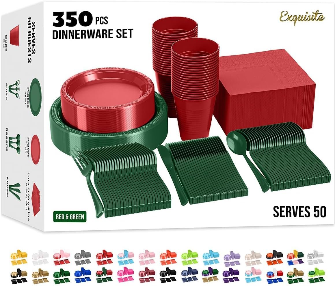 364 Pcs Christmas Disposable Plates For Party, Christmas Plastic Plates Set Includes: 52 Of Each 9" Plastic Dinner Plates, 7" Dessert Plates, Cups, Napkins & Cutlery Plastic Dinnerware Set Exquisite - Image 2