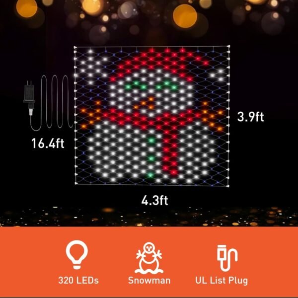 Leisure world Christmas Decorations Outdoor Net Lights, 4.3 x 3.9 ft Snowman Lights, 320 LED Net Lights Outdoor Mesh Lights, 8 Modes Christmas Net Lights for Yard, Patio, Party Decorations - Image 4