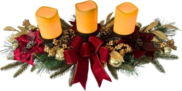 Christmas Candle Holder Christmas Decorations 3 Candle Holders with Red Poinsettia Flowers Decorative Bow Golden Pine Branches Pinecones Berries for Table Centerpiece - Image 5