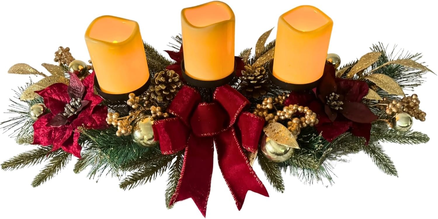 Christmas Candle Holder Christmas Decorations 3 Candle Holders with Red Poinsettia Flowers Decorative Bow Golden Pine Branches Pinecones Berries for Table Centerpiece - Image 5