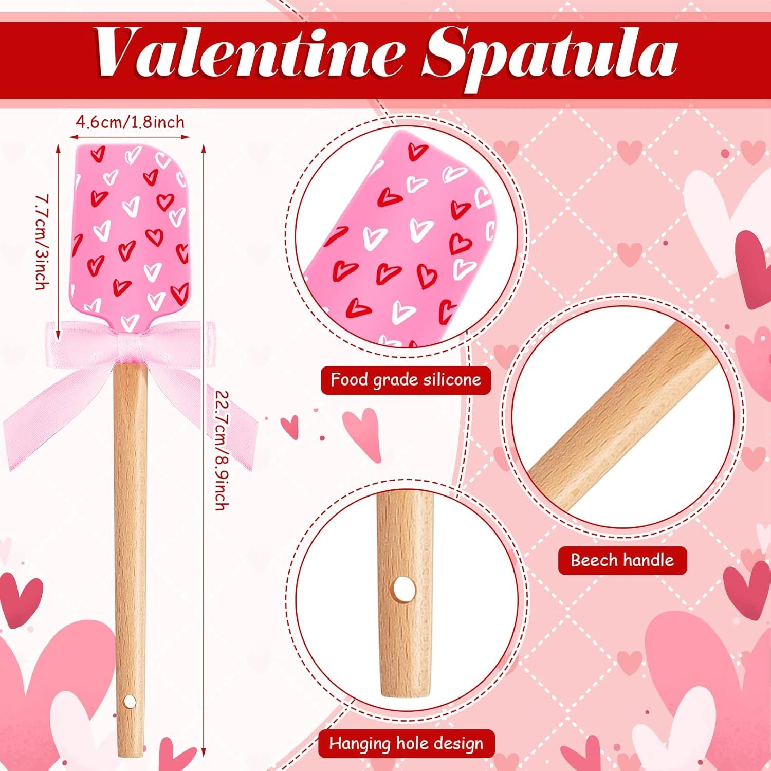 3 Pcs Valentine's Day Silicone Spatulas with Wooden Handles Valentine Pattern Heat Resistant Baking Spatulas Silicone Spatulas with Pink Satin Ribbon Bows for Baking, Cooking and Sauteing - Image 3