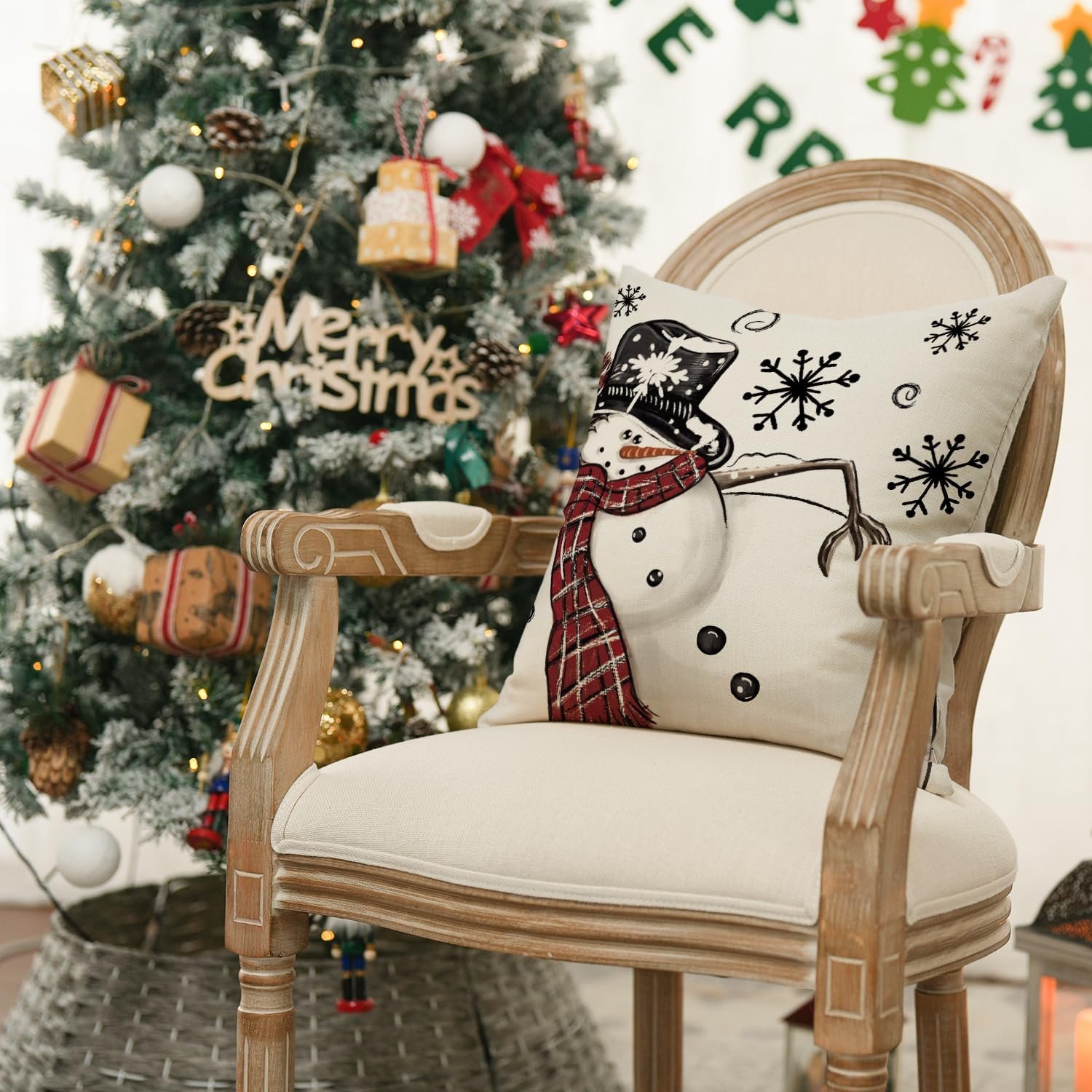 AVOIN colorlife Merry Christmas Snowman Let It Snow Throw Pillow Covers, 18 x 18 Inch Xmas Tree Winter Holiday Cushion Case Decoration for Sofa Couch Set of 4 - Image 6