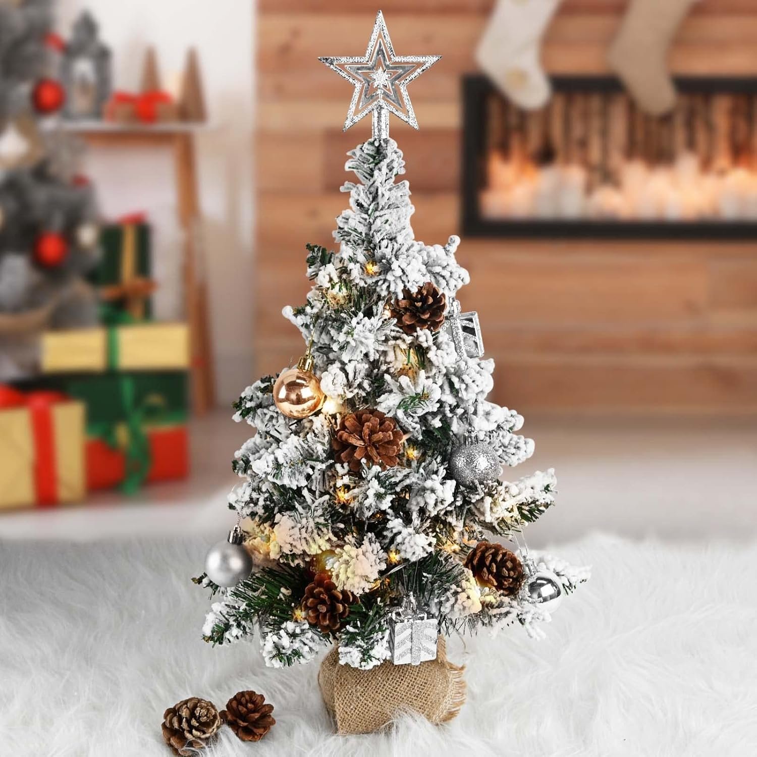 24 Inch 2FT Snowy Mini Christmas Tree, Small Tabletop Flocked Tree with LED Lights, Pine Cones, Balls, Star Tree Topper, Mini Gift Box and Cloth Bag Base, Xmas Decorations (Mini Christmas Tree) - Image 4
