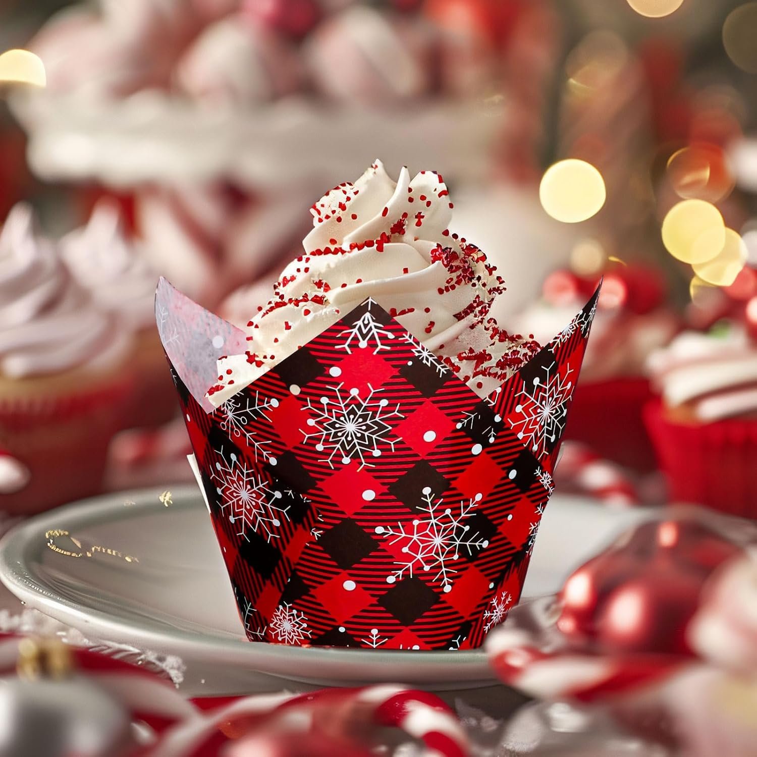 Whaline 200Pcs Christmas Plaid Tulip Cupcake Liners Plaid Snowflake Muffin Tulip Baking Cups Xmas Red Black Tulip Cupcake Wrappers for Holiday Party Supplies - Image 7