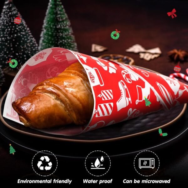 Spakon 400 Sheet Christmas Wax Paper for Food Wrapping 12 x 12 Inch 4 Styles Xmas Deli Paper Xmas Burgers Sandwich Wrap Print Deli Paper Basket Liners for Home Baking Gift Holiday Party Supplies - Image 5