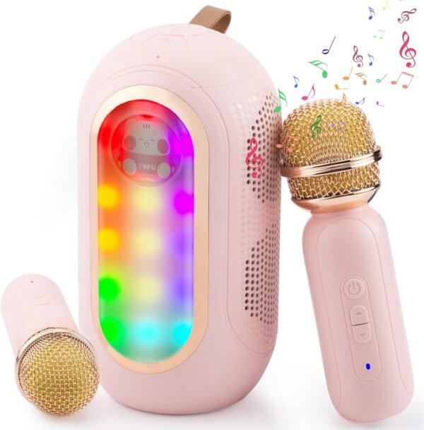 Adamantite Karaoke Machine for Kids and Adults, Capsule Mini Portable Kids Microphone - Bluetooth Speaker with 2 Microphones, Home Party Karaoke Speaker, Birthday Gift (Pink) - Image 2
