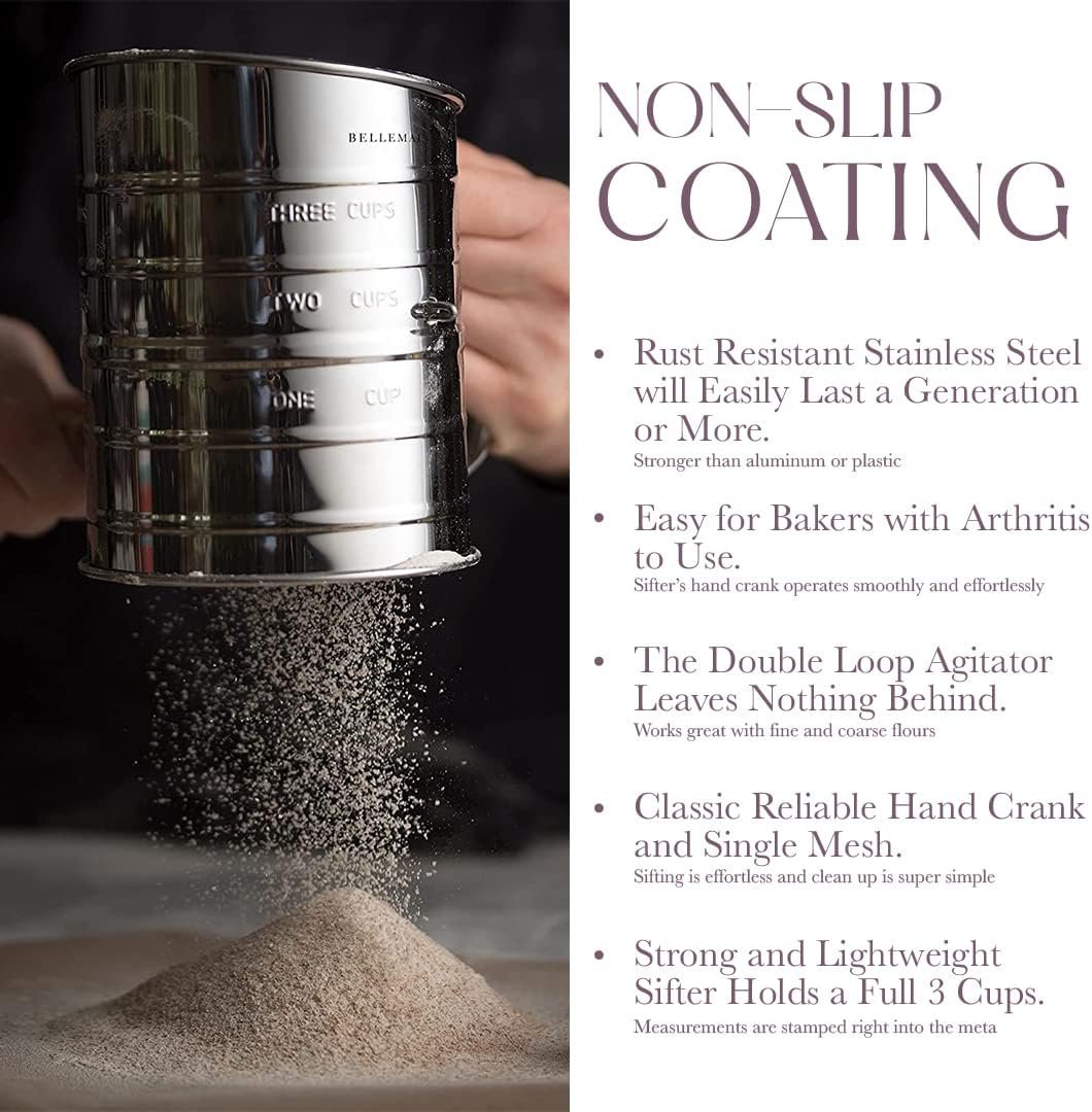 Bellemain 3 Cup Flour Sifter for Baking Fine Mesh Rotary Hand Crank with Loop Agitator for Quick Sifting, Flour Sifter Stainlees Steel - Image 5