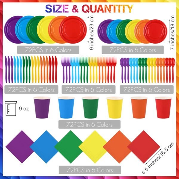 durony 504 Pieces Rainbow Disposable Party Tableware Set Serves 72 Guests 7" & 9" Rainbow Paper Plate 9oz Paper Cups Paper Napkins Plastic Cutlery Rainbow Party Decorations Neon Party Supplies - Image 3