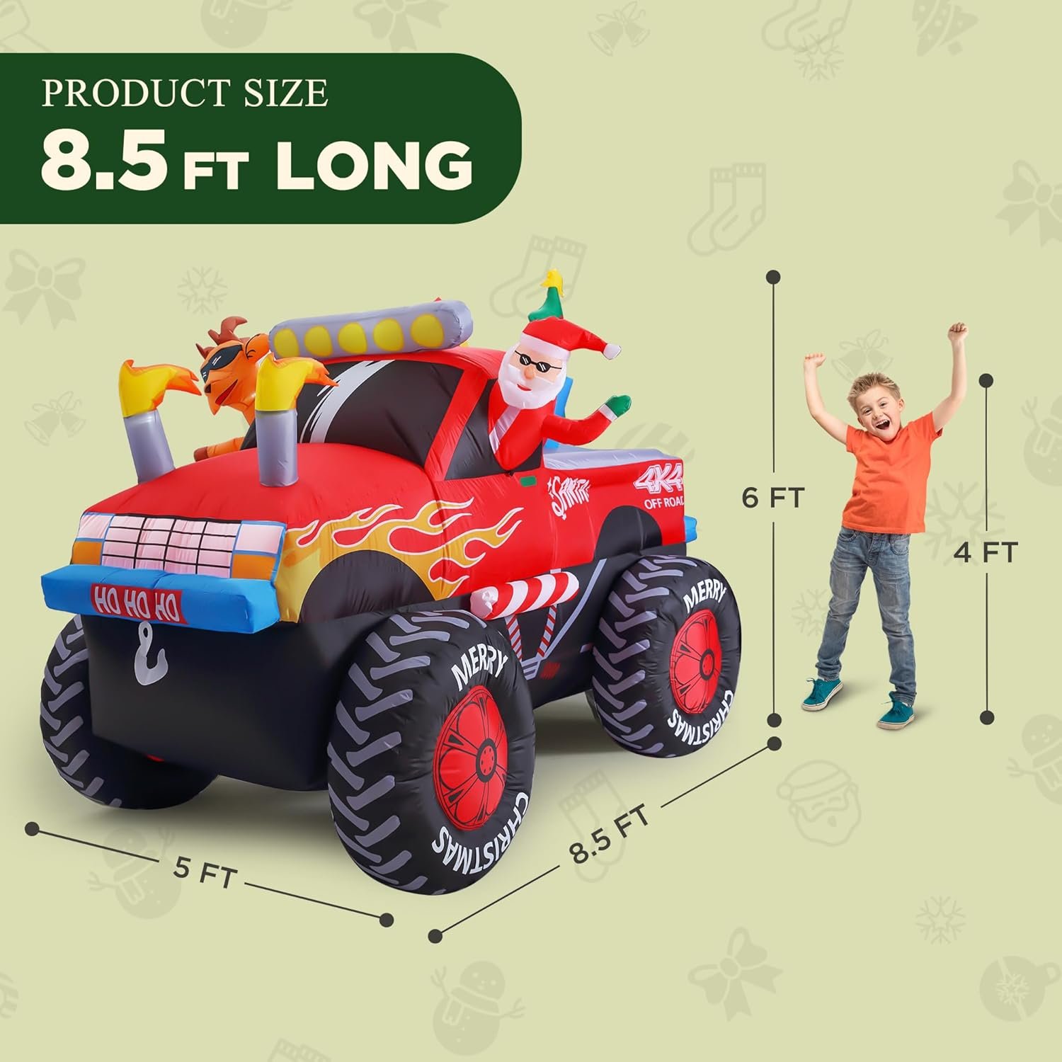 8.5 FT Long Santa Driving Monster Truck Christmas Inflatables Outdoor Decorations, Christmas Blow Up Santa Claus Yard Decorations for Garden Lawn Xmas Decor - Image 4