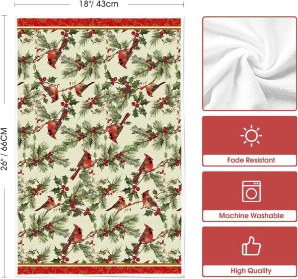 Artoid Mode Bird Holly Christmas Kitchen Towels Dish Towels, 18x26 Inch Farmhouse Flowers Poinsettia Winter Decoration Hand Towels Set of 4 - Image 7