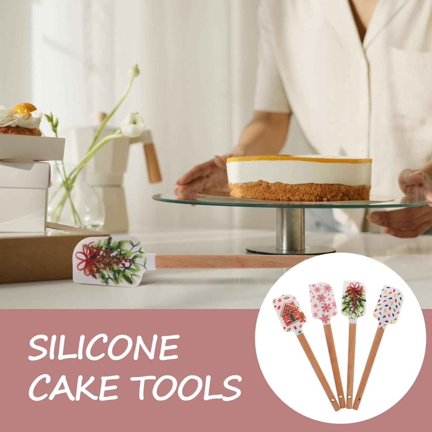 Alipis 4pcs Christmas Silicone Spatula Set Cake Icing Spatula Cream Scraper Snowflake Christmas Tree Gingerbread Man Pattern for Xmas Holiday Baking Cooking - Image 9