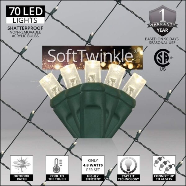 Wintergreen Lighting SoftTwinkle Pulsing Net Twinkle Lights, Net Lights Outdoor Twinkling Christmas Lights, Green Wire (70 Lights, 4’ x 6’ Net, Warm White) - Image 4