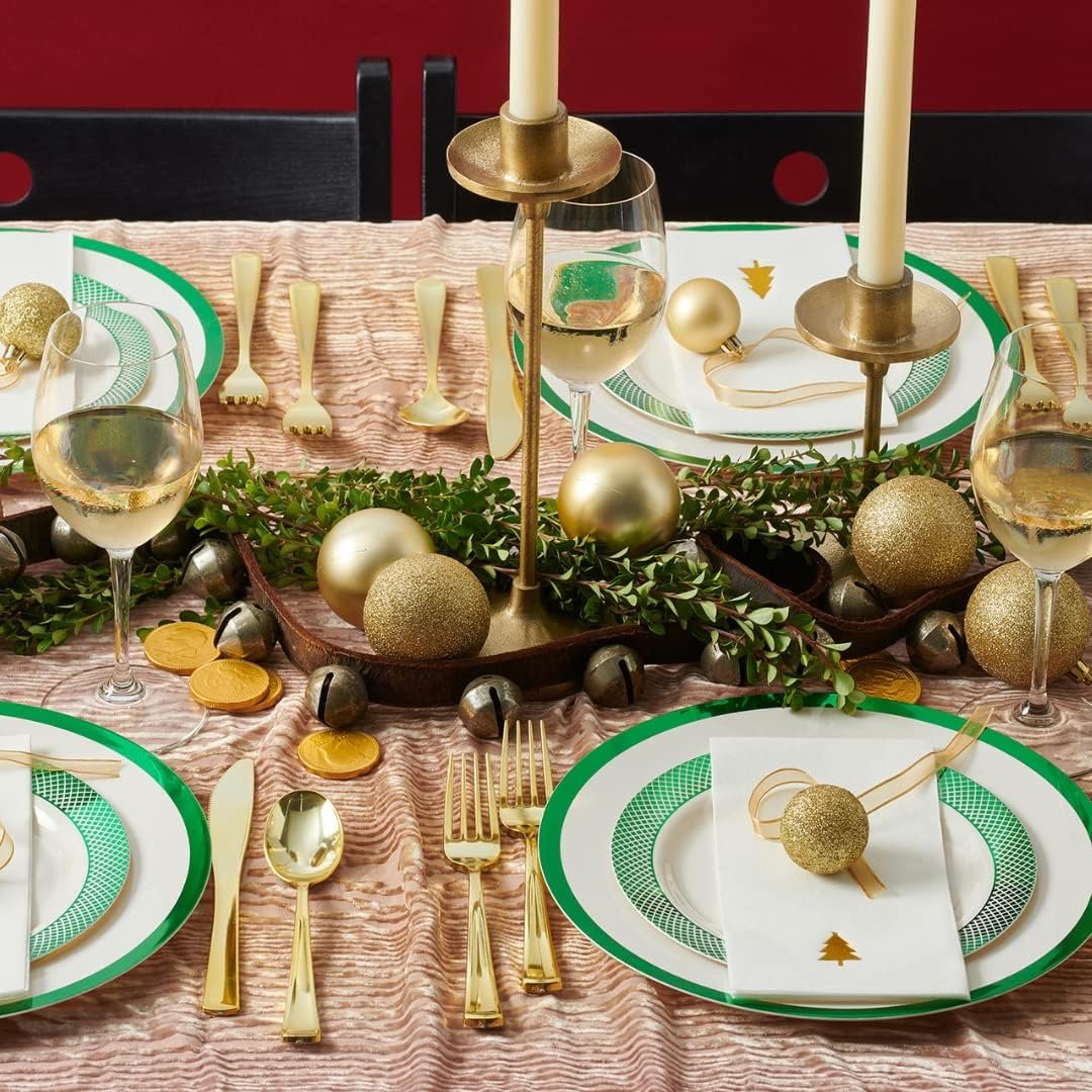 By Madee HEAVYWEIGHT 175 Pc Disposable Christmas Plates and Napkins Set | Ivory Plates Green Trim | Christmas Plates, Holiday Napkins, Silverware | Christmas Disposable Dinnerware (25 Guests) - Image 7