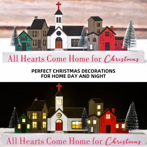 Christmas Decorations Sign, LED Lighted Christmas Village Decor, Rustic Wooden Merry Christmas Sign, Farmhouse Xmas Party Holiday Décor Centerpiece for Tiered Tray Mantel Home (6 buildings) - Image 5