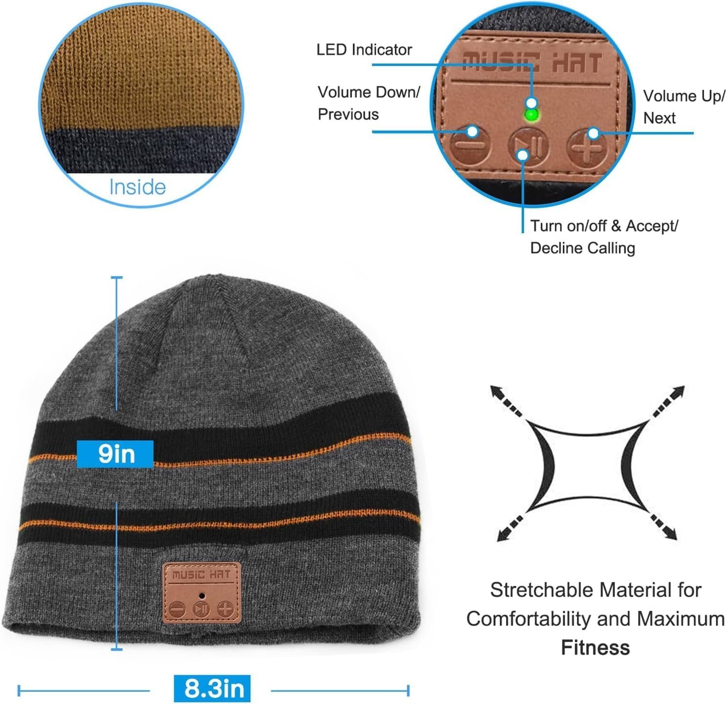 Wireless Bluetooth Beanie Hat Unisex Knit Winter Warm Music Hat with Headphones Built-in Stereo Speaker Hands-Free for Outdoor Sports Gifts Brown - Image 5