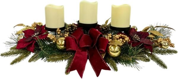 Christmas Candle Holder Christmas Decorations 3 Candle Holders with Red Poinsettia Flowers Decorative Bow Golden Pine Branches Pinecones Berries for Table Centerpiece - Image 4