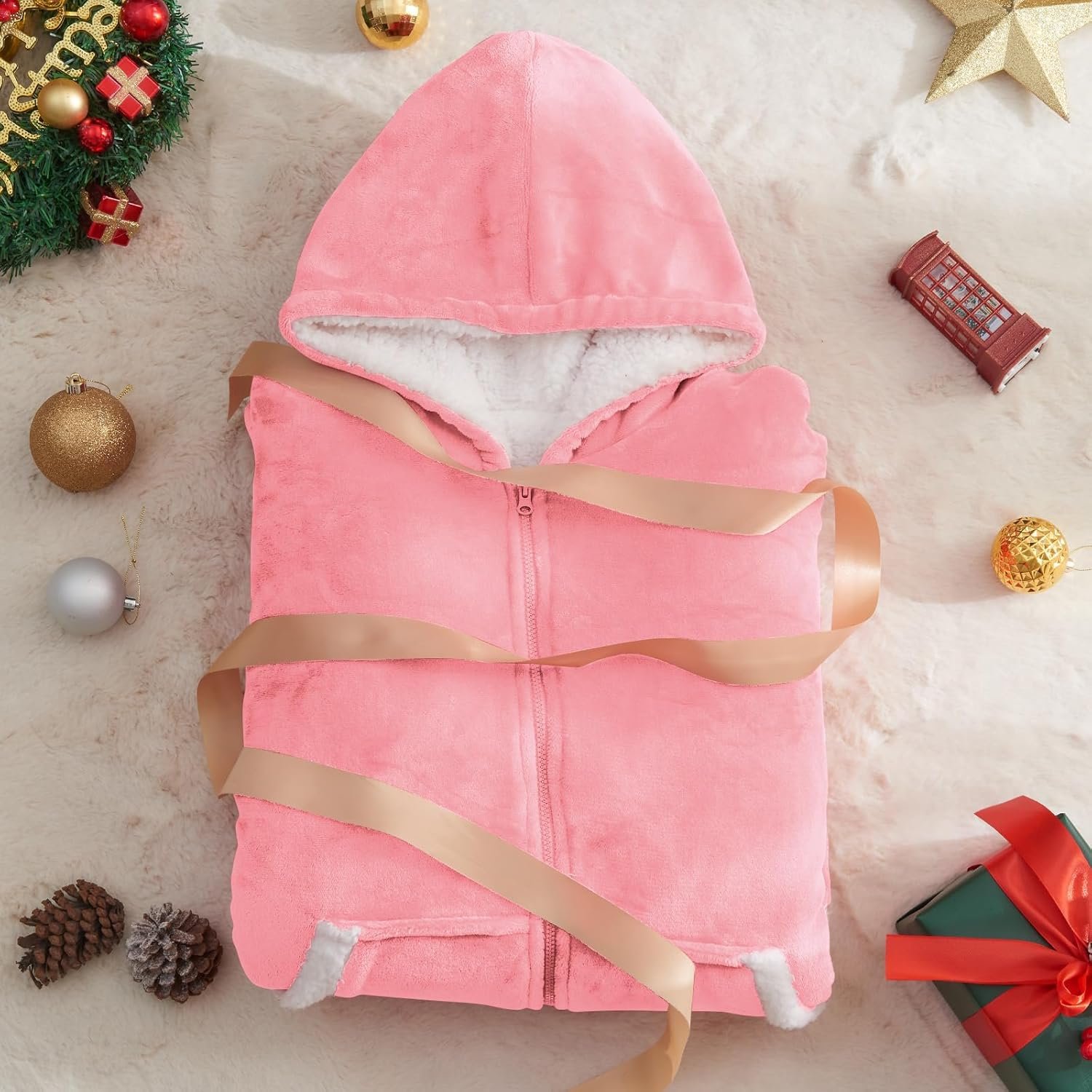 JOYWOO Pink Wearable Blanket Hoodie, Oversized Birthday Gifts for Girlfriend, Hooded Blanket Christmas Gifts for Girls Women, Cozy Fuzzy Sherpa Sweatshirt Blanket with Giant Pocket and Zipper, Pink - Image 7