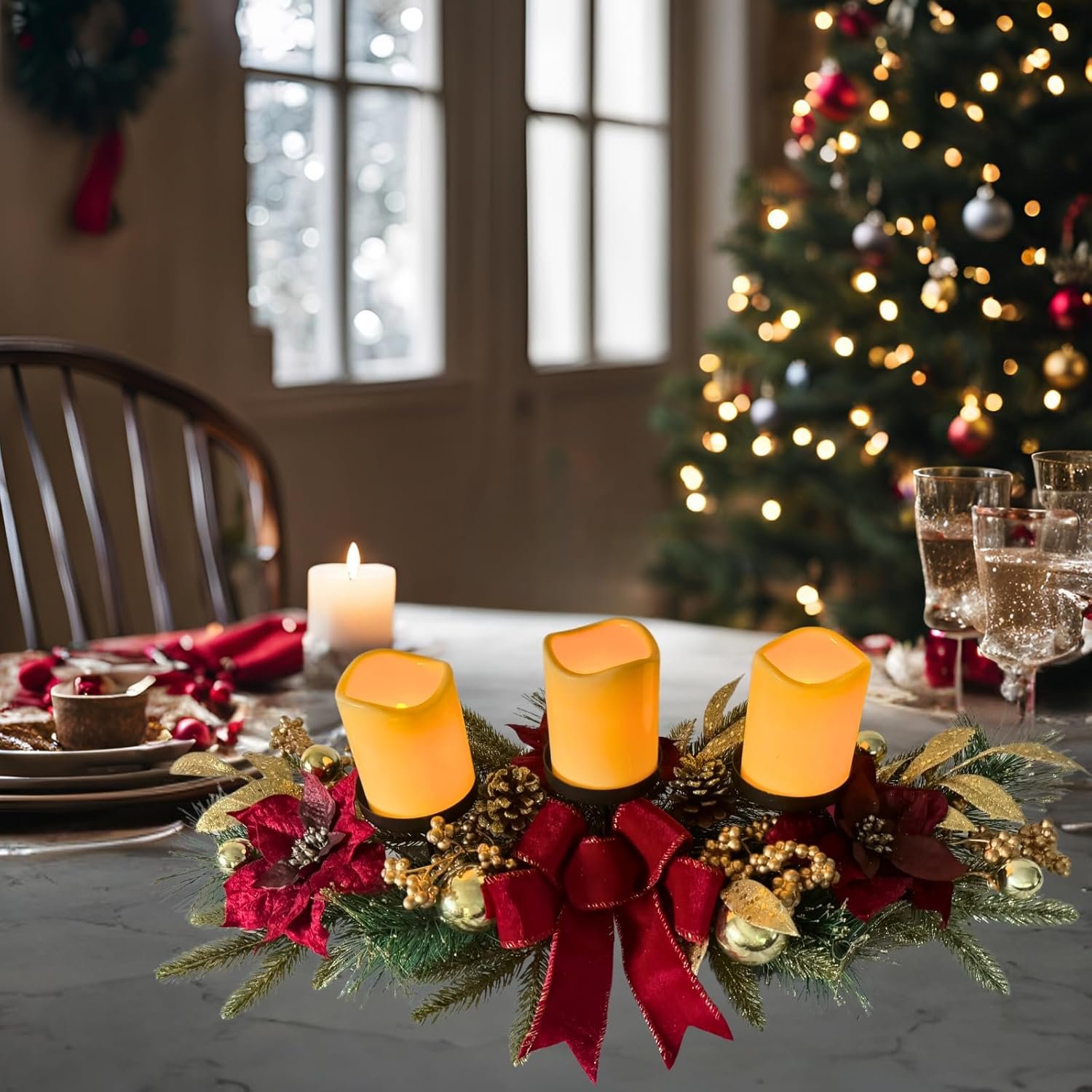 Christmas Candle Holder Christmas Decorations 3 Candle Holders with Red Poinsettia Flowers Decorative Bow Golden Pine Branches Pinecones Berries for Table Centerpiece - Image 7