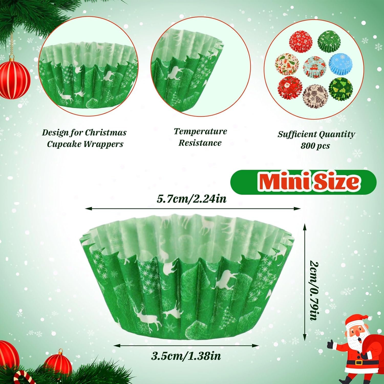 AUGSUN 800pcs Christmas Cupcake Liners Paper Candy Cups Santa Claus Snowman Snowflake Mini Muffin Liners for Xmas Holiday Party Cake Candy Truffles Chocolate Making Supplies(8 Designs) - Image 3