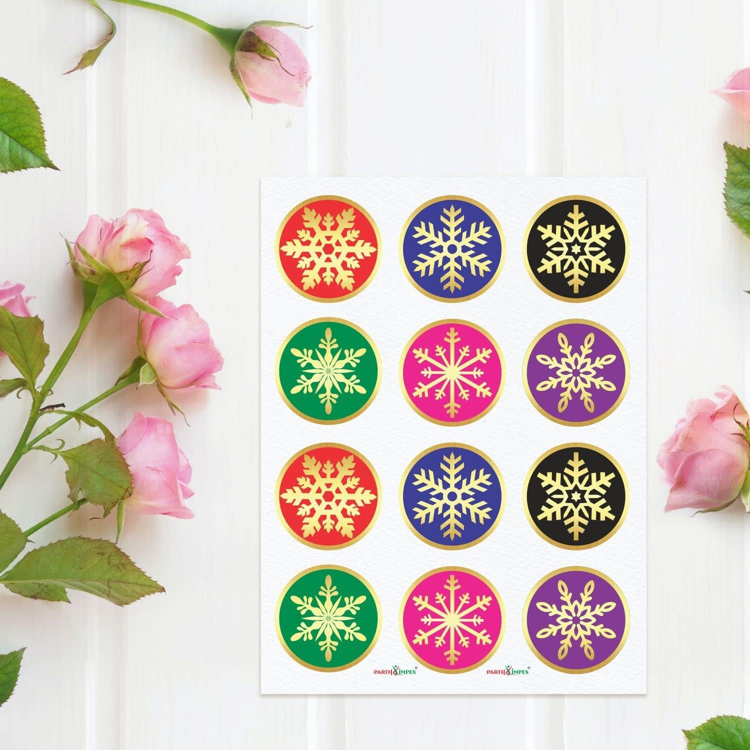 PARTH IMPEX Snowflake Stickers - (Pack of 120) 2" Large Round Gold Foil Stamping Labels for Christmas Holiday Cards Gift Envelope Seals Boxes - Image 4