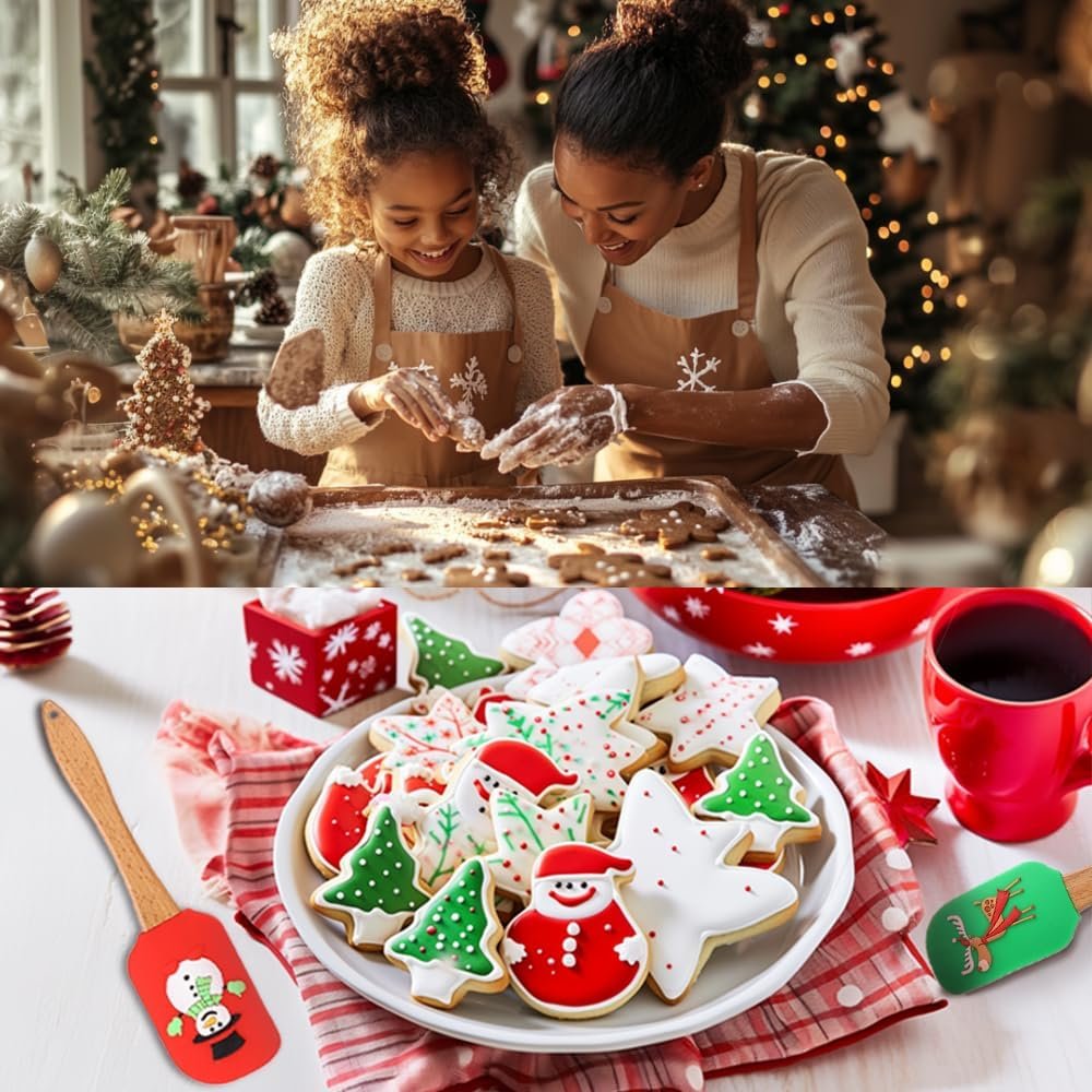 Christmas Spatula Set, 5 Pcs Kitchen Christmas Silicone Spatula Set with Wooden Handle for Baking and Cooking, Christmas (Assorted) - Image 3