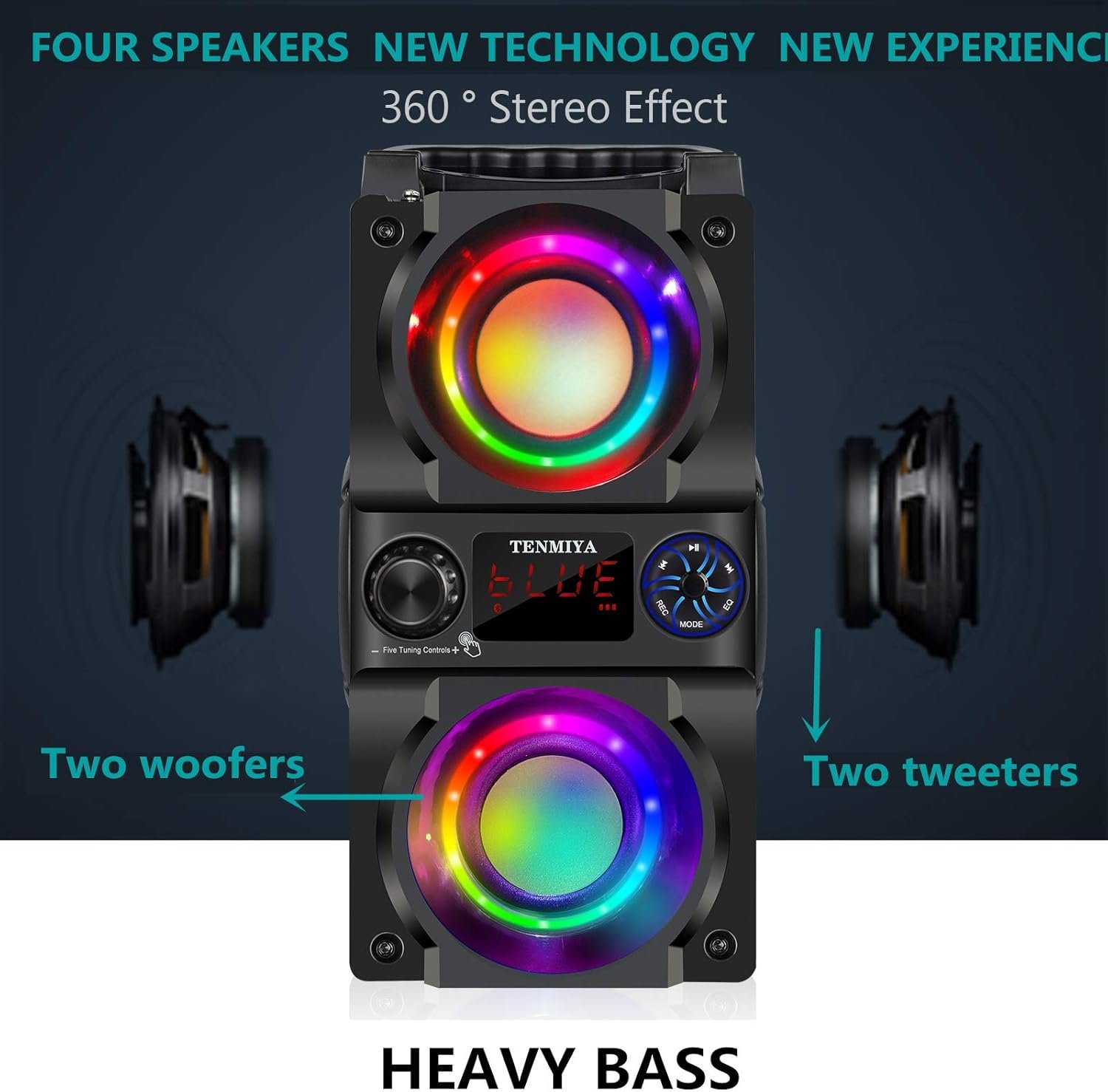 Bluetooth Speaker, 40W (60W Peak) Portable Wireless Speaker with Colorful Lights, Double Subwoofer Heavy Bass, FM Radio, MP3 Player, Loud Stereo Speaker for Home Outdoor Party Camping - Image 3