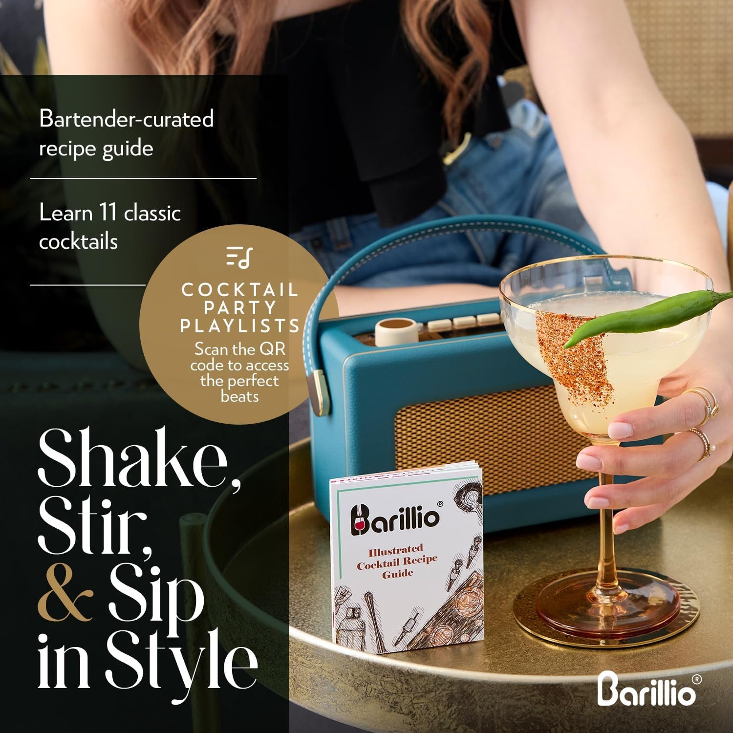 Barillio Bartender Kit - Stainless-Steel Cocktail Shaker Set w/Bamboo Stand - Mixology Bar Tools w/Drink Shaker, Mixer Spoon & Muddler for Cocktails - Home Bar Accessories - 23-Pc Bar Set - Silver - Image 7