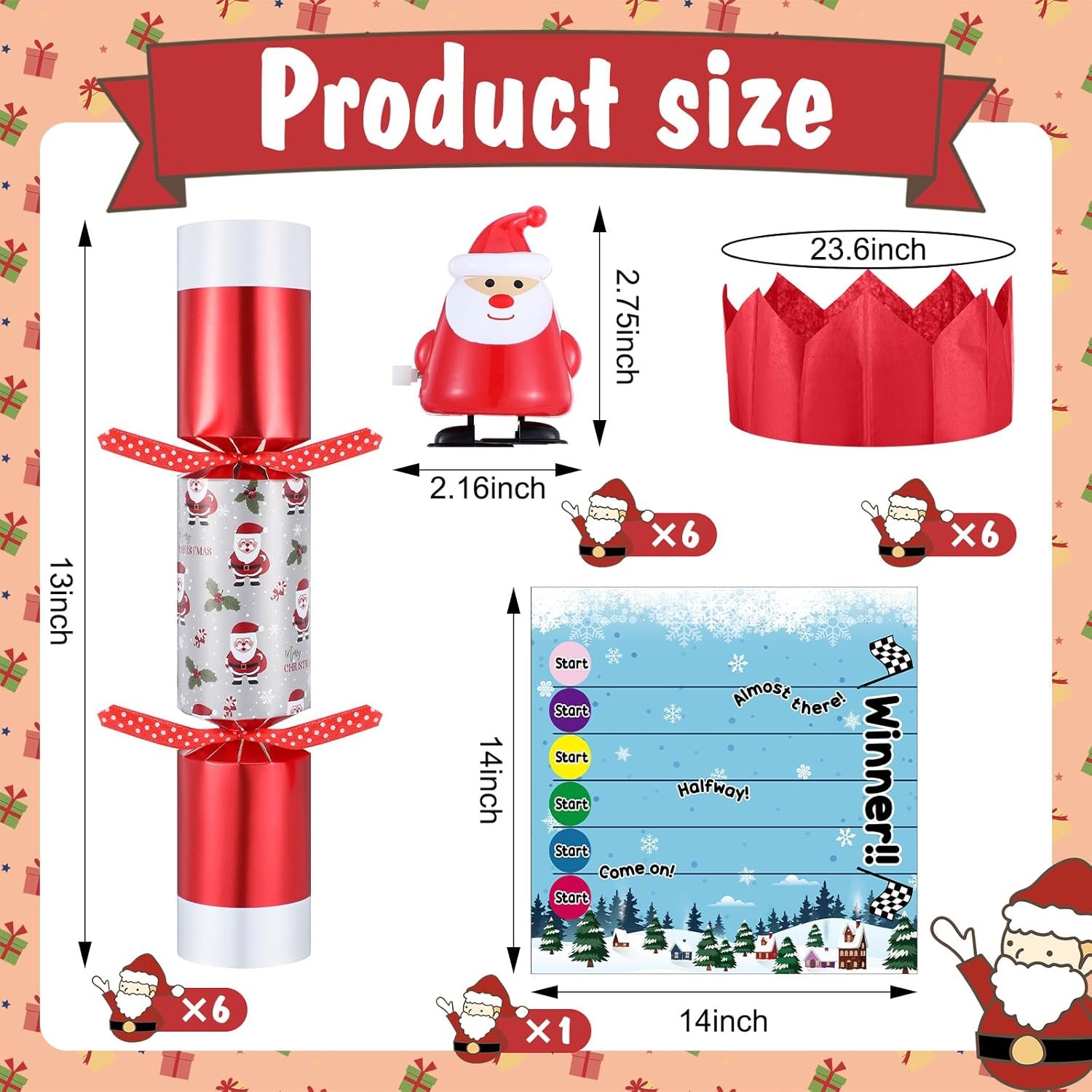 6 Packs Christmas Party Table Favors Christmas No Snap Party Favors Christmas Crackers with Wind up Toy Paper Hat Xmas Holiday Table Favor Supplies Xmas Racing Game for Adults (Santa) - Image 3