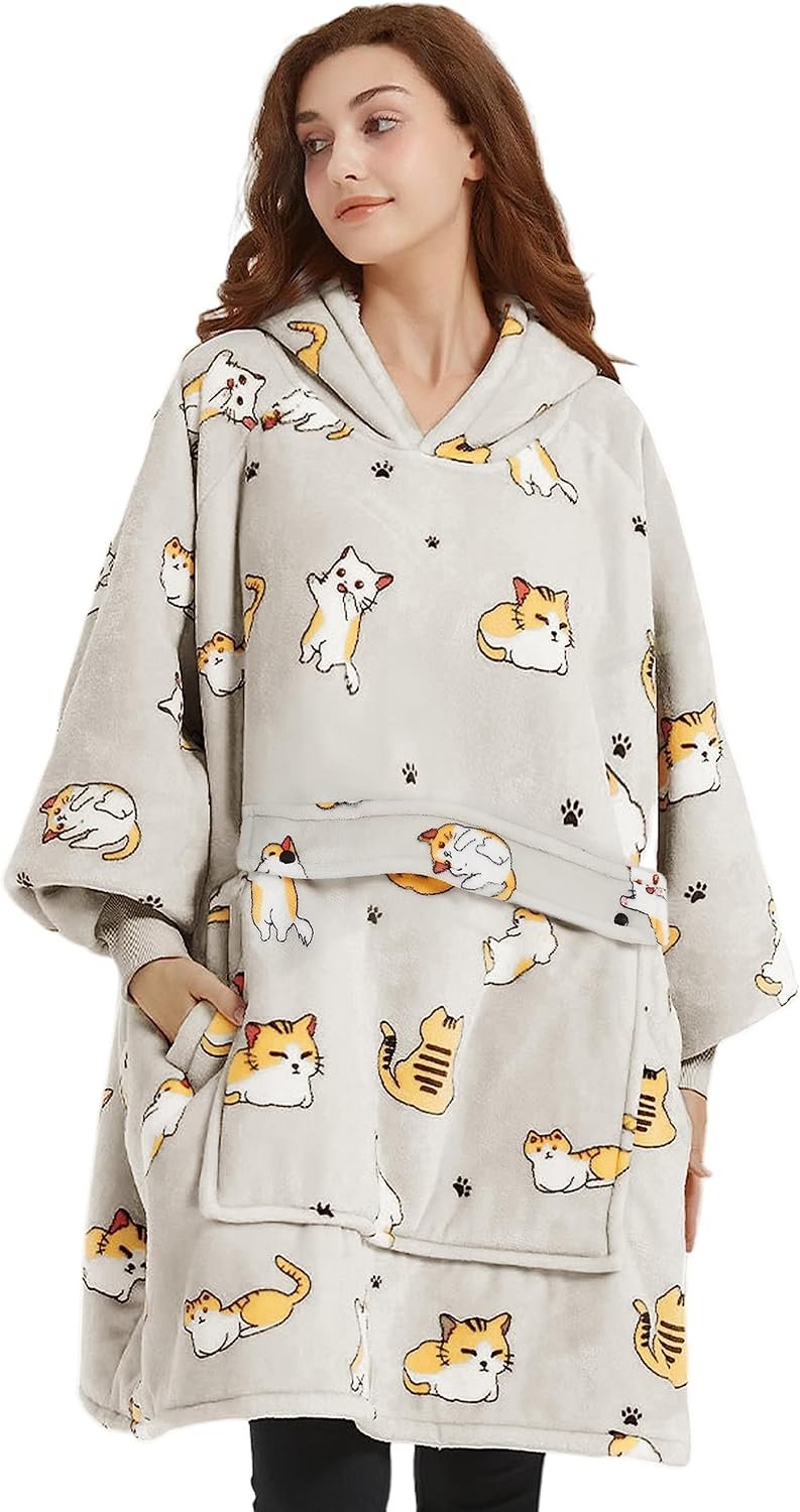 KFUBUO Wearable Blanket Hoodie for Adults Sherpa All Patterns Cat Oversized Sweatshirt Blanket with Pockets for Women - Image 5
