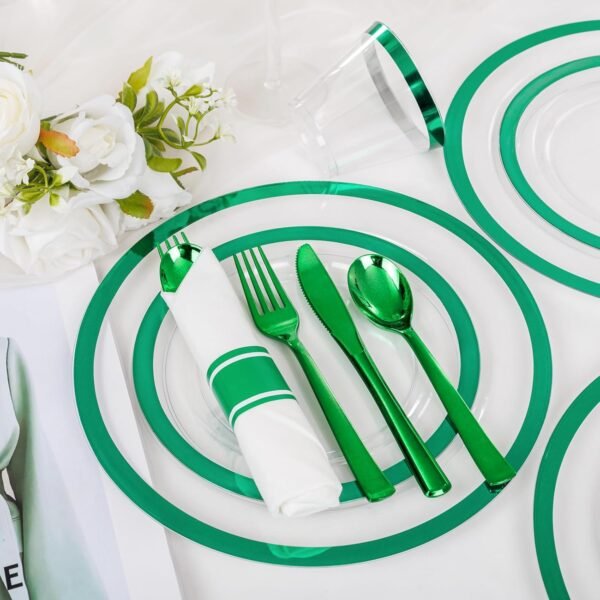 I00000 350 Pcs Green Plastic Plates-Christmas Dinnerware Set for Party,Include 50 Dinner Plates 10.25’’,50 Dessert Plates 7.5’’,50 Plastic Cups 9 OZ,50 Per Rolled Napkins with Cutlery for Xmas Dinner - Image 9