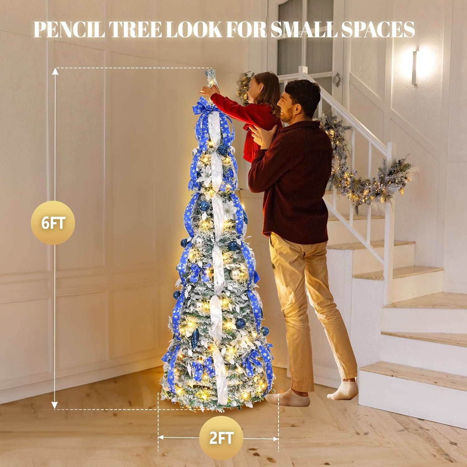 VINGLI 6ft Pre Lit Pop Up Christmas Tree with 150 Lights, Fully Decorated Flocked Pencil Christmas Tree Pre Lit Collapsible Christmas Tree Holiday Party Decorations (Blue&Silver) - Image 7