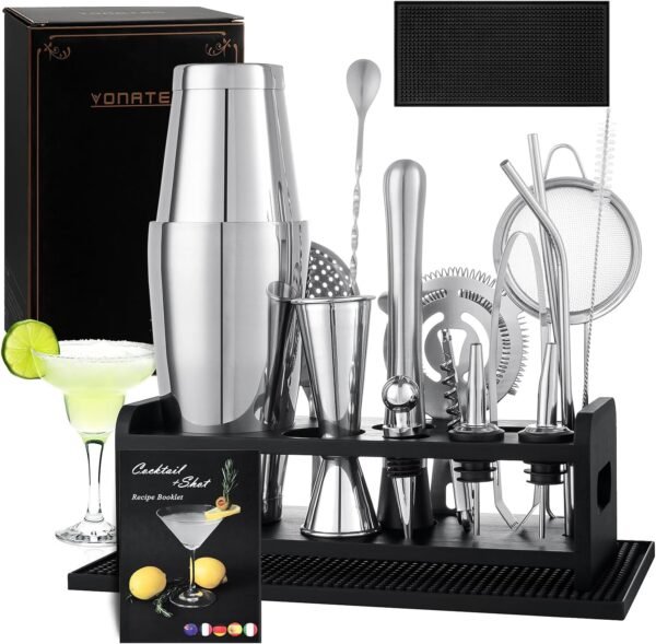Boston Cocktail Shaker Set, 18PCS Bartender Kit Bar Tools Set with Stand & Recipe, Bar Mats for Bartending, Professional Barware Mixing Tools Cocktail Kit, for Drink Mixing Bar Party, Sliver - Image 2
