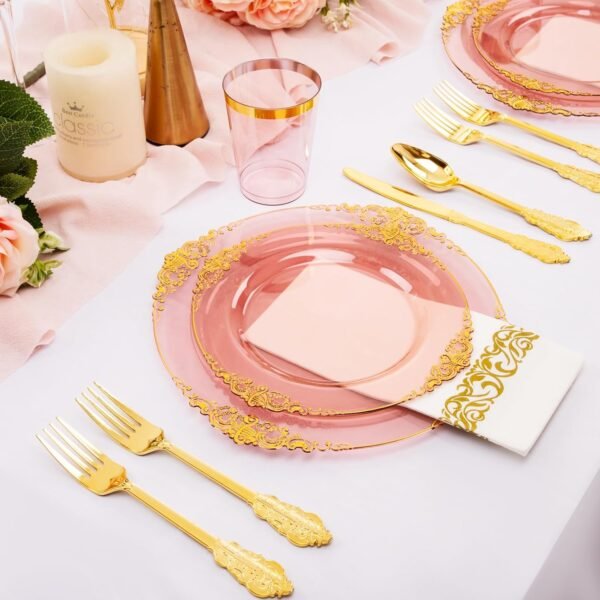 Hioasis 175pcs Clear Burgundy Plastic Plates,Burgundy Red Disposable Plates include 25 Dinner Plates 25 Dessert Plates 25Knives 25Forks 25Spoons 25Cups 25Napkins Perfect for Wedding&Parties - Image 8