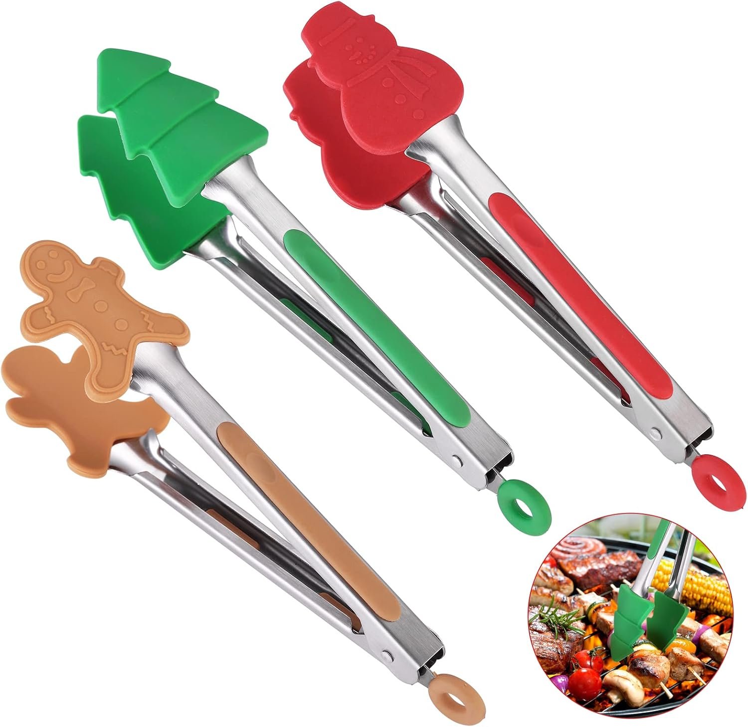 3PCS Christmas Silicone Mini Tongs,7 Inch Small Style Tongs For Cooking,Small Kids Colourful Tongs Serving Food,Ice Cube,fruits,Sugar,Festival Set of 3(Christmas Tree Snowman Gingerbread Man) - Image 2