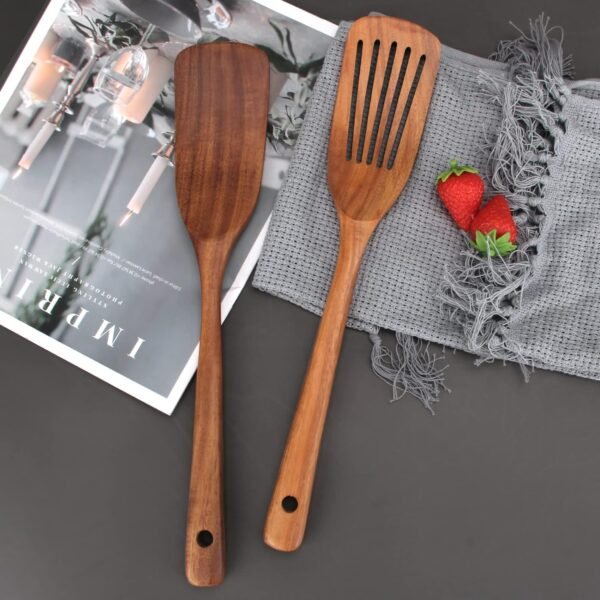 2 Pcs Acacia Wood Spatula Set Non Stick Cooking Utensils Slotted Turner Flat Wooden Kitchen Wok Spatula for Mixing Frying Fish Spatula Egg Flipper Turner Kitchen Utensil Pancake Spatula for Cooking - Image 6