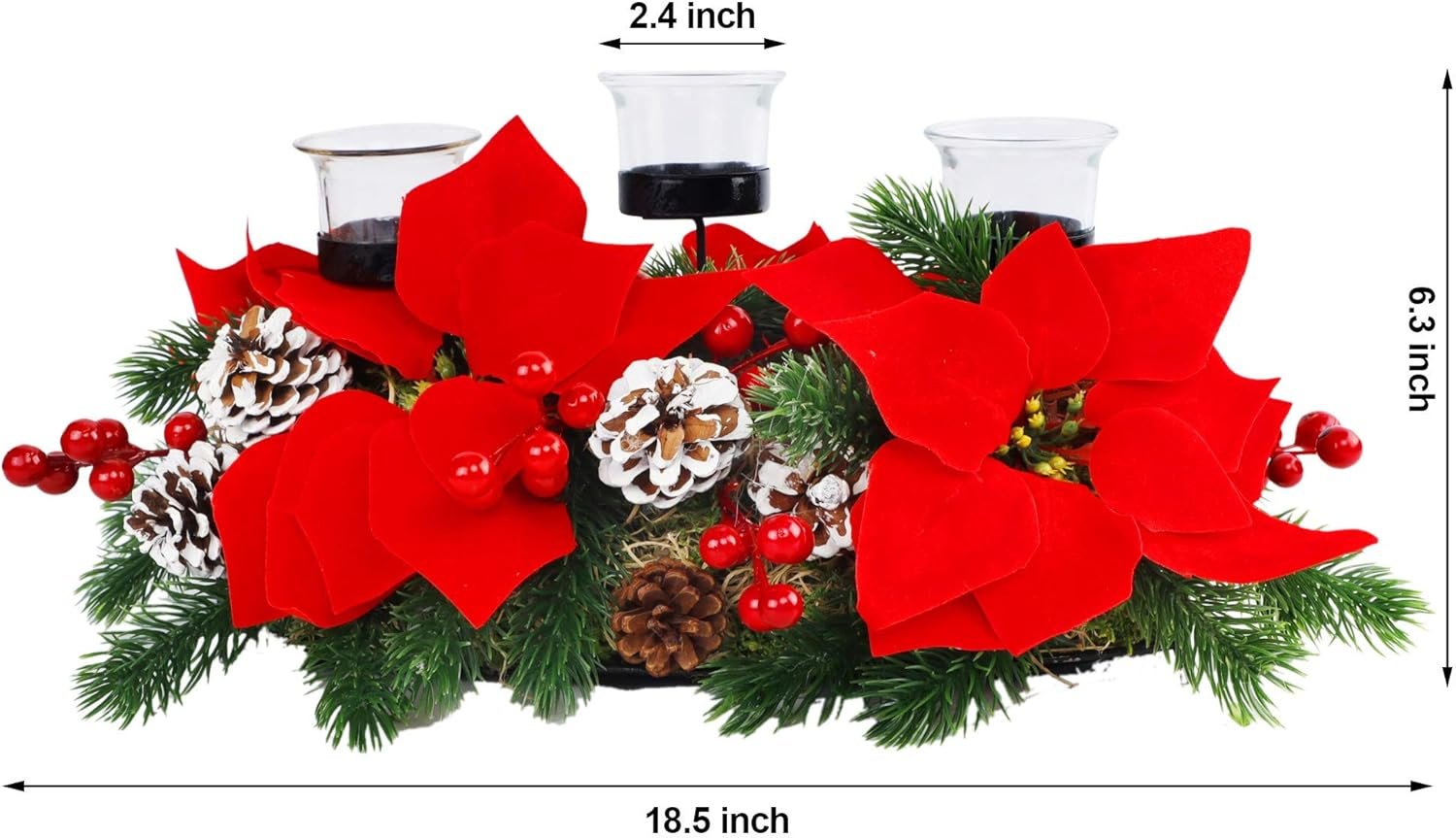 Juegoal Christmas Poinsettia Centerpiece with 3 Candle Holders, Pinecones and Red Berries, Christmas Decorations Holiday Candleabrum, Tabletop Centerpiece and Display - Image 5