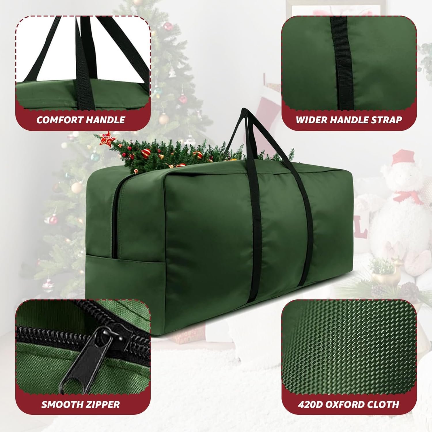 9-12 Ft Christmas Tree Storage Bag 420D Xmas Tree Bag Extra Large Artificial Christmas Tree Bag with Reinforced Carry Handles and Zippers - Image 4