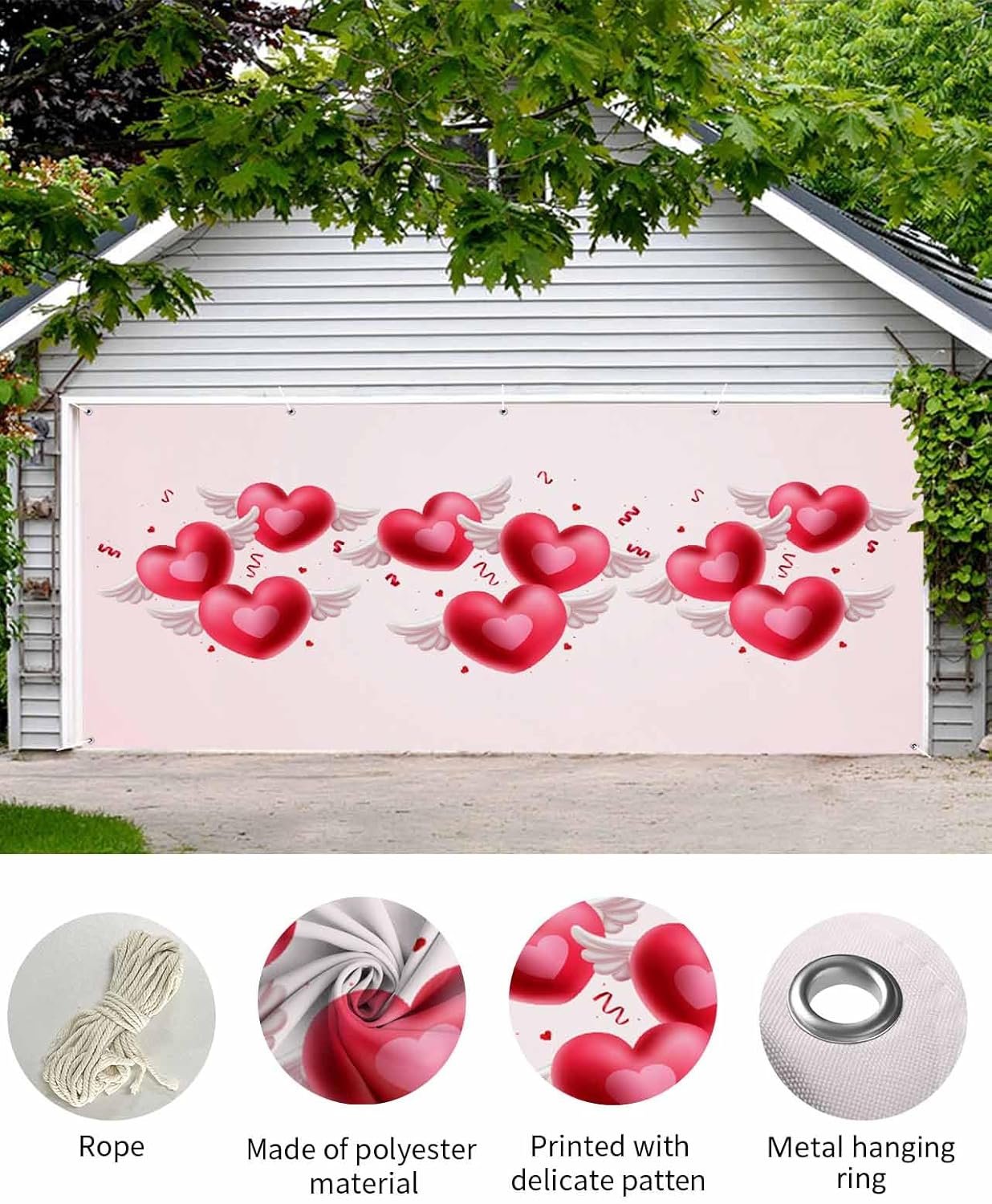 Valentines Day Garage Door Cover Decorations 7x16 Ft, Red Pink Love Heart Decorative Garage Door Banner, Large Outdoor Garage Hanging Backdrop Mural for Party/Holiday - Image 3