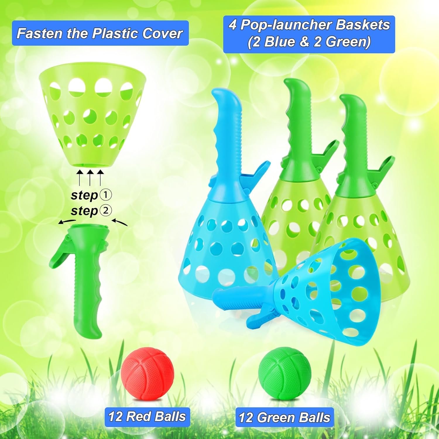 Duckura Outdoor Indoor Game Activities for Kids, Pop-Pass-Catch Ball Game with 4 Catch Launcher Baskets and 24 Balls, Christmas Party Favors Beach Sport Toys for Kids Age 5 6 7 8 9+ - Image 4